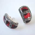 Red Enamel 3-Window Earrings with Marcasite